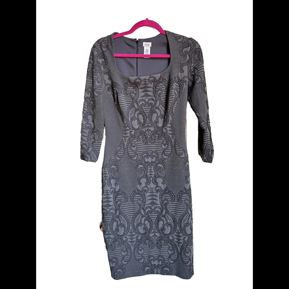 👗⚫️🩶Cache Dress Women Sz M Gray On Gray Geometric Sheath Scoop Neck 3/4 Sleeve